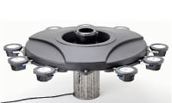 High flow floating aerator fountains for oxygen enrichment and water circulation.